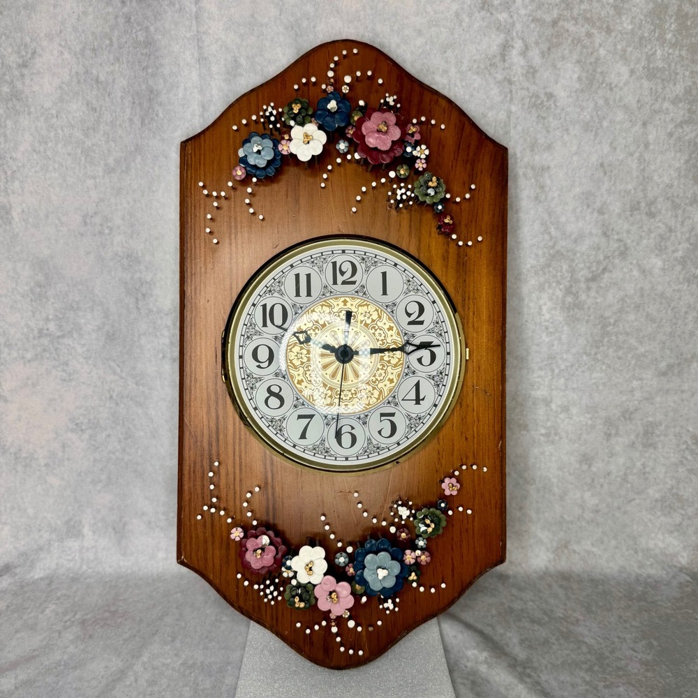 Vintage 1977 Pol-O-Craft Nails in Bloom Wood Wall Clock Flower Folk Art